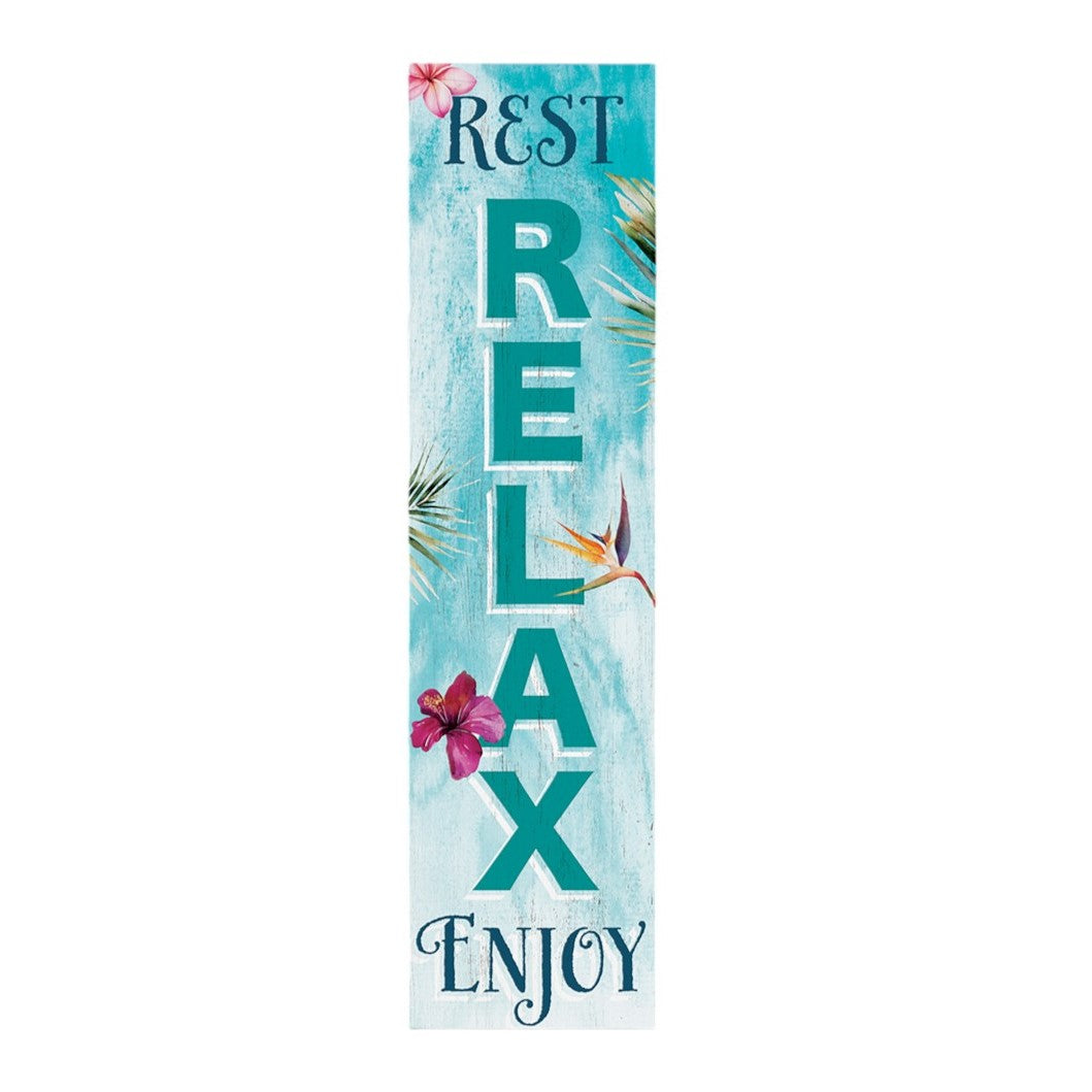10" Aquamarine And Pink Solid Wood Tropical Floral Rest Relax Enjoy Porch Sign