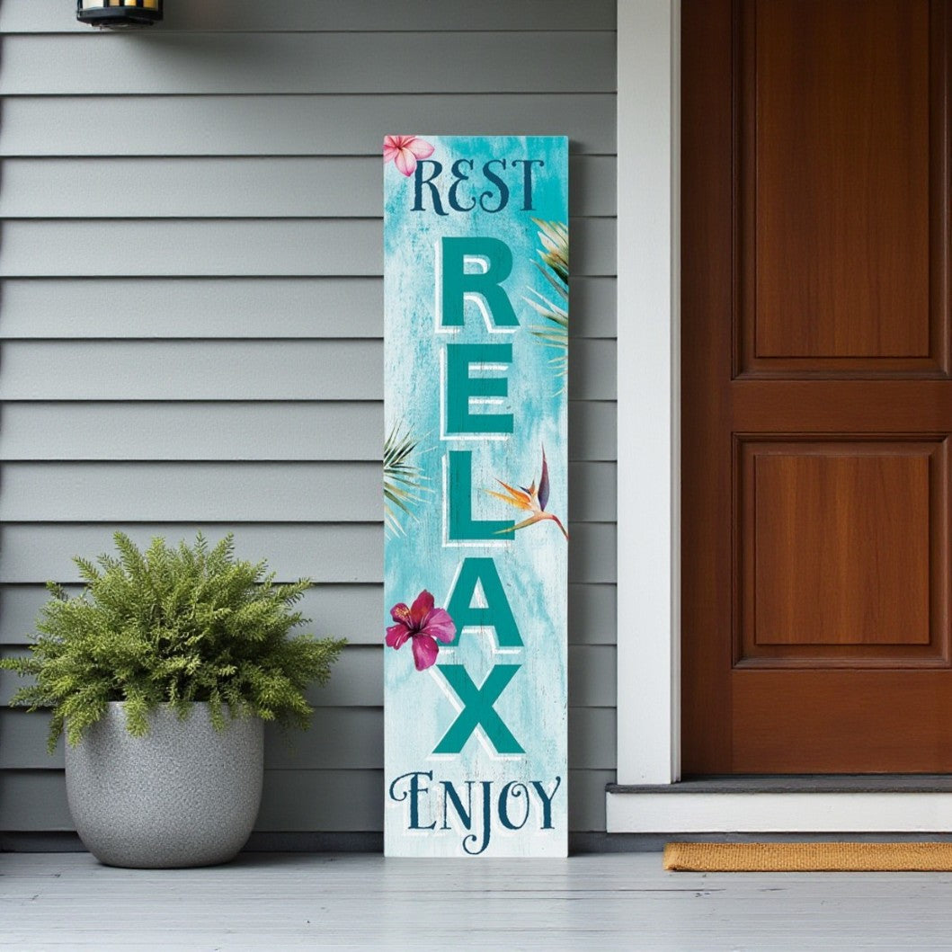 10" Aquamarine And Pink Solid Wood Tropical Floral Rest Relax Enjoy Porch Sign