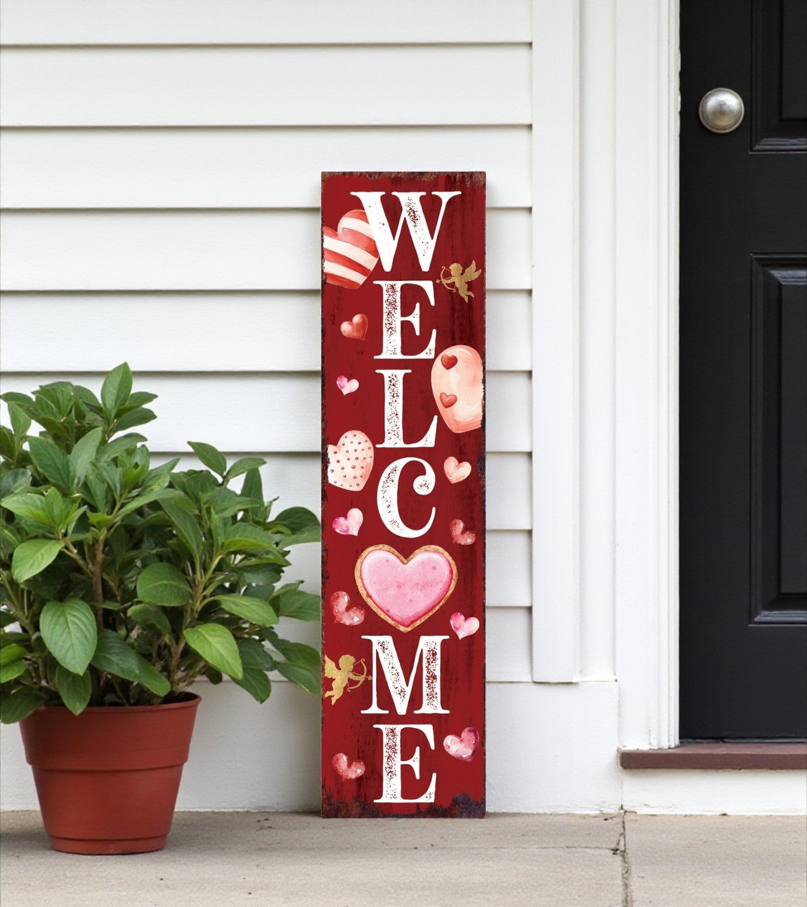36" Pink Red And White Solid Wood Welcome Valentine's Day Porch Sign