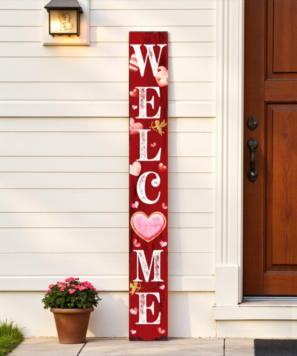 72" Pink Red And White Solid Wood Welcome Valentine's Day Heart Porch Sign