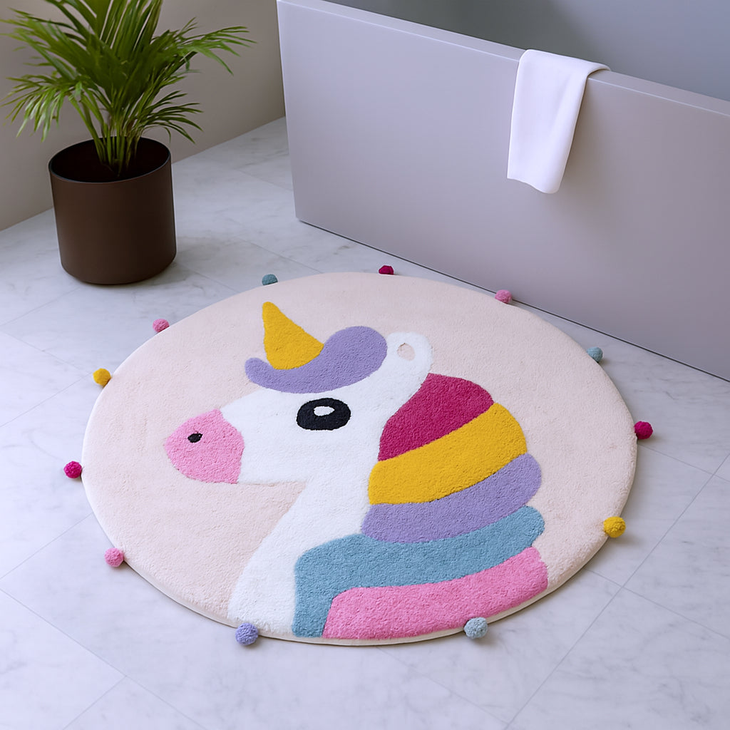 32" Pink And Yellow Cotton Unicorns Round Youthful Bath Rug