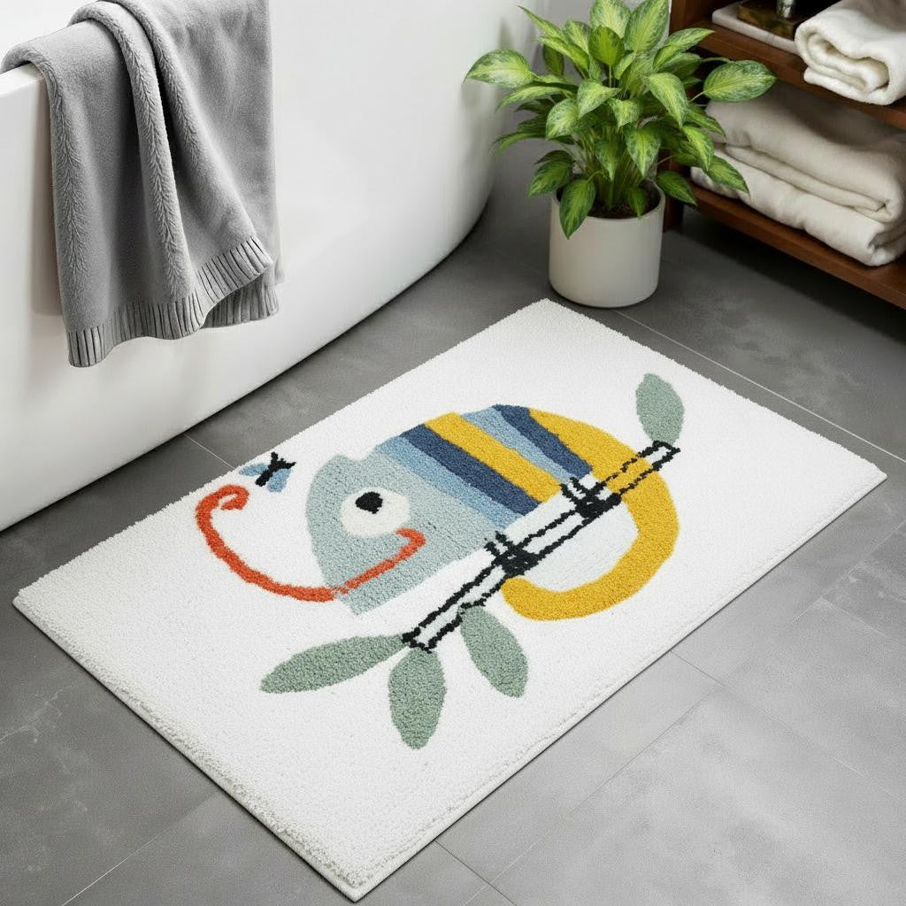 32" White And Yellow Cotton Chameleon Youthful Bath Rug
