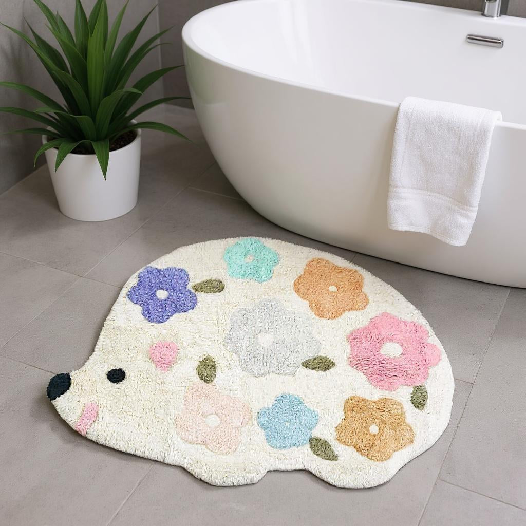 32" White Blue And Pink Cotton Hedgehog Floral Print Bath Rug