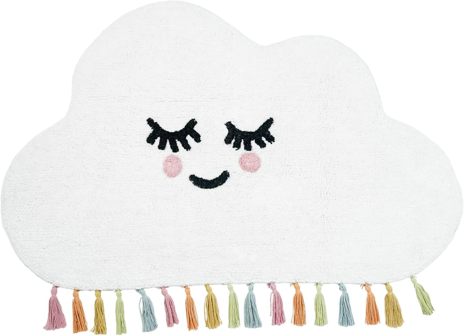 2' X 4' White Cloud Shape Smiley Face Washable Area Rug With Tassels