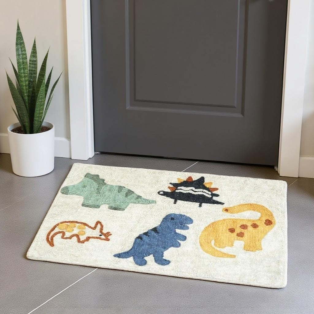 3' X 4' Ivory Blue And Yellow Dinosaurs Youthful Washable Area Rug