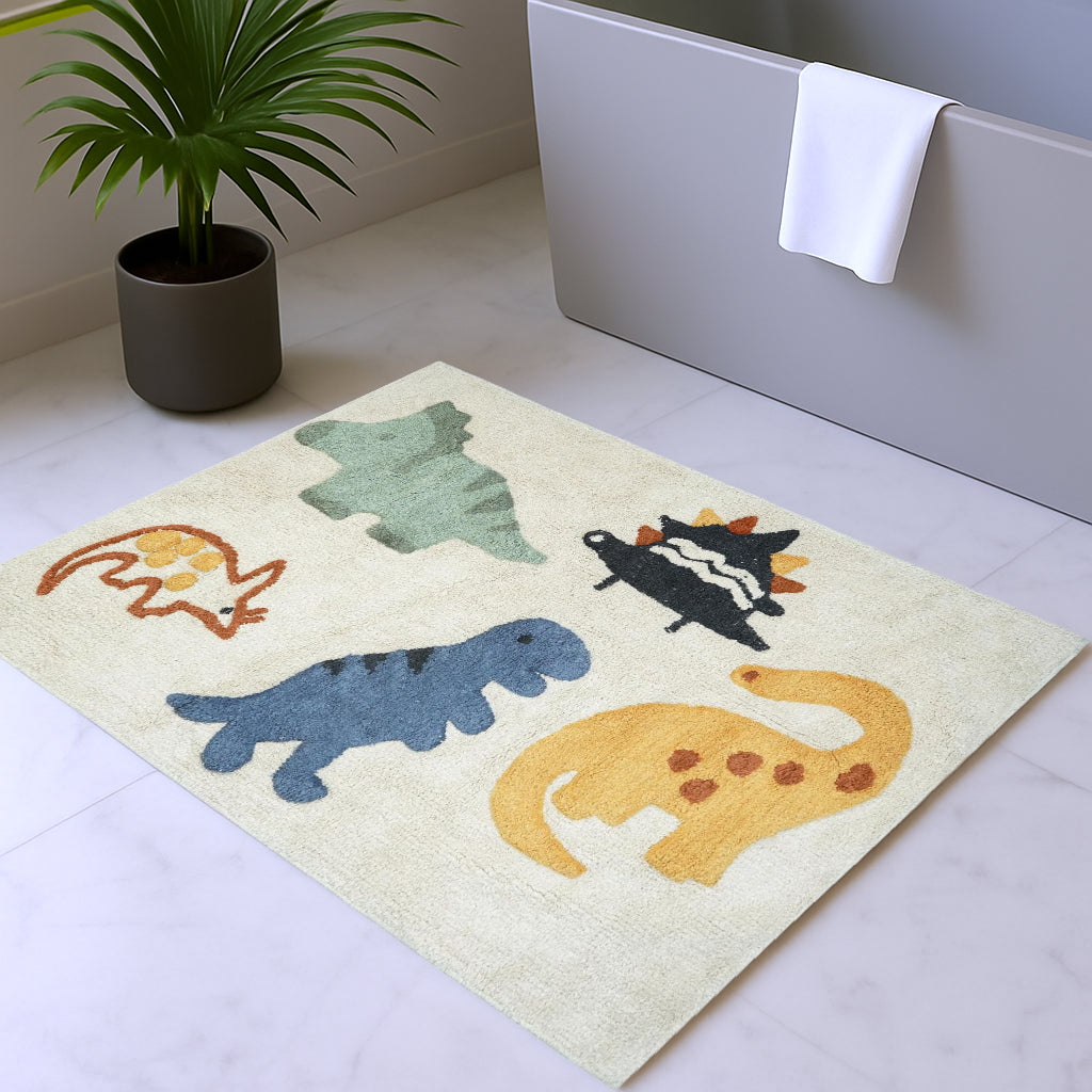 3' X 4' Ivory Blue And Yellow Dinosaurs Youthful Washable Area Rug
