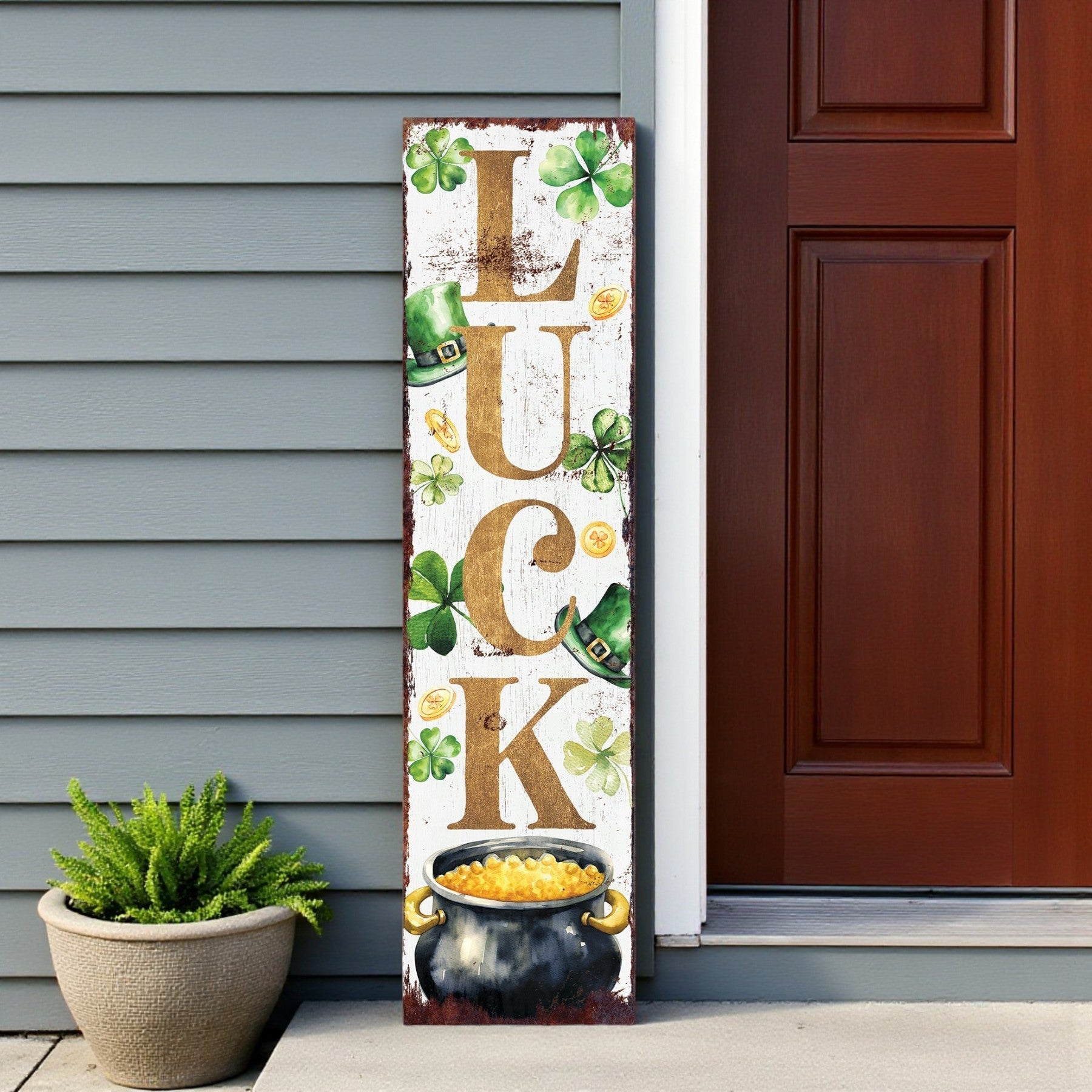 36" White Gold And Green Solid Wood Luck St Patrick's Day Porch Sign
