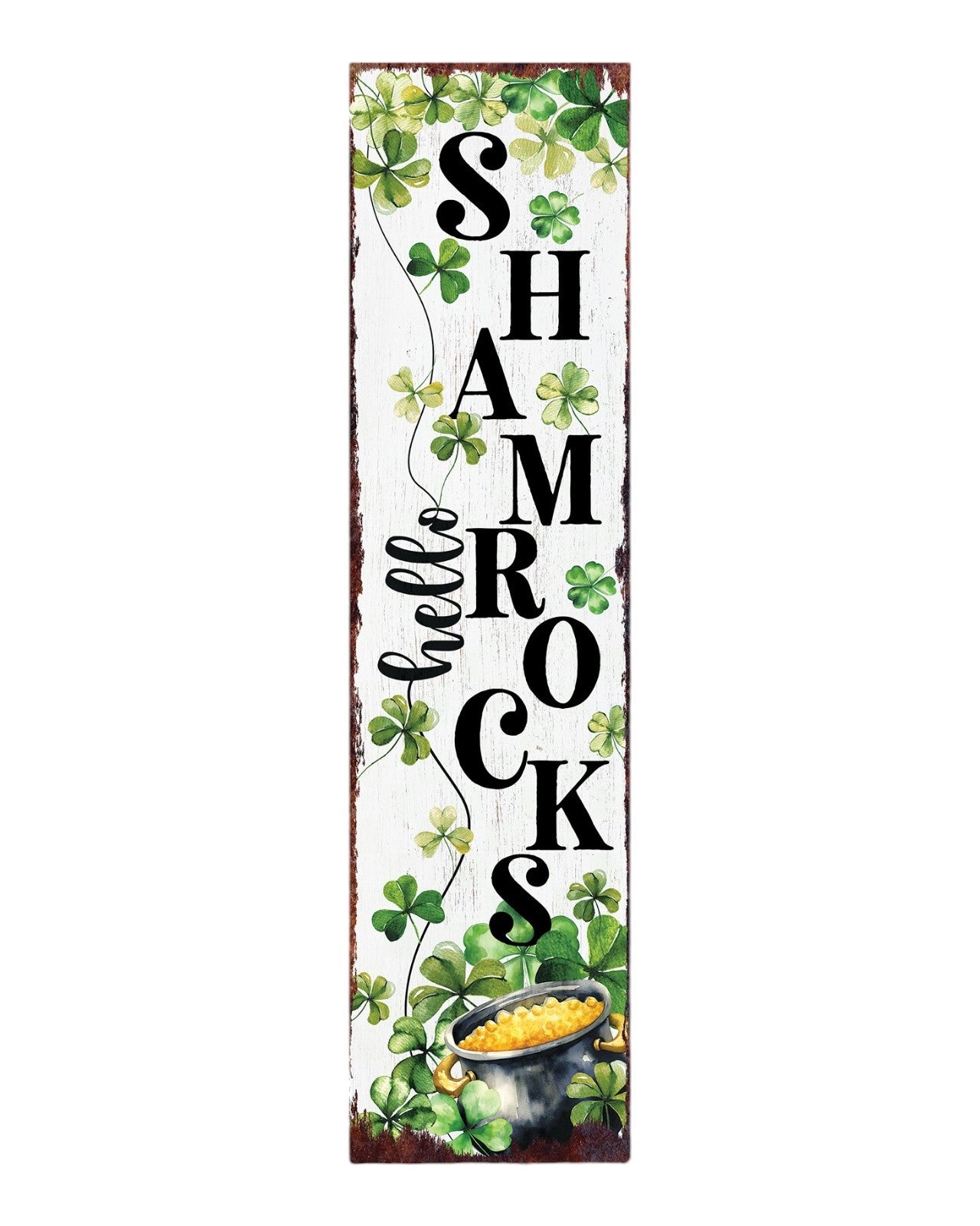 36" Gold Green And White Solid Wood Hello St Patrick's Day Shamrock Porch Sign