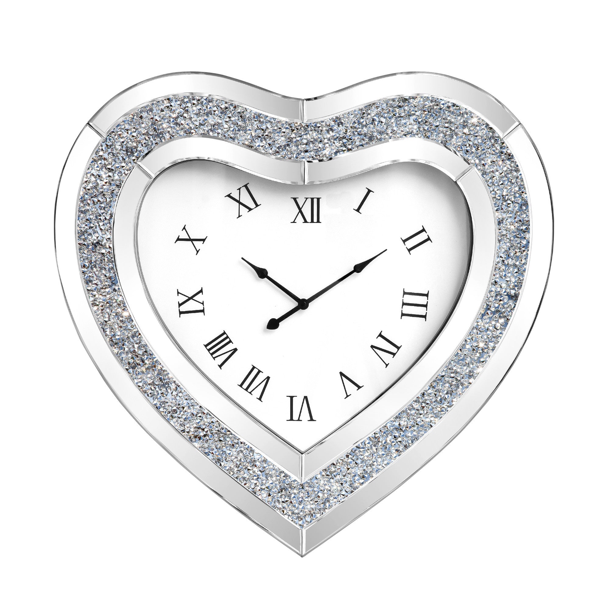 27" Silver Faux Crystal And Mirrored Glass Silent Analog Heart Wall Clock
