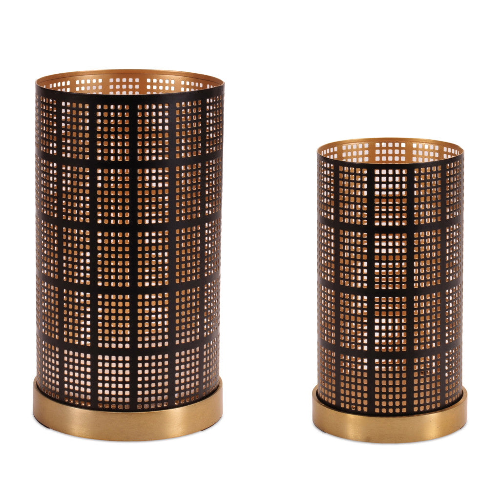 Set of Two Black And Gold Abstract Metal Tabletop Pillar Candle Holders