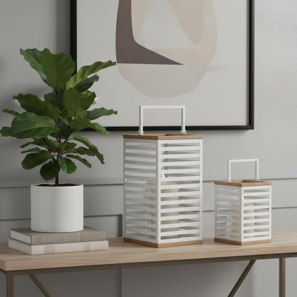 Set of Two White Abstract Metal Tabletop Pillar Candle Holders