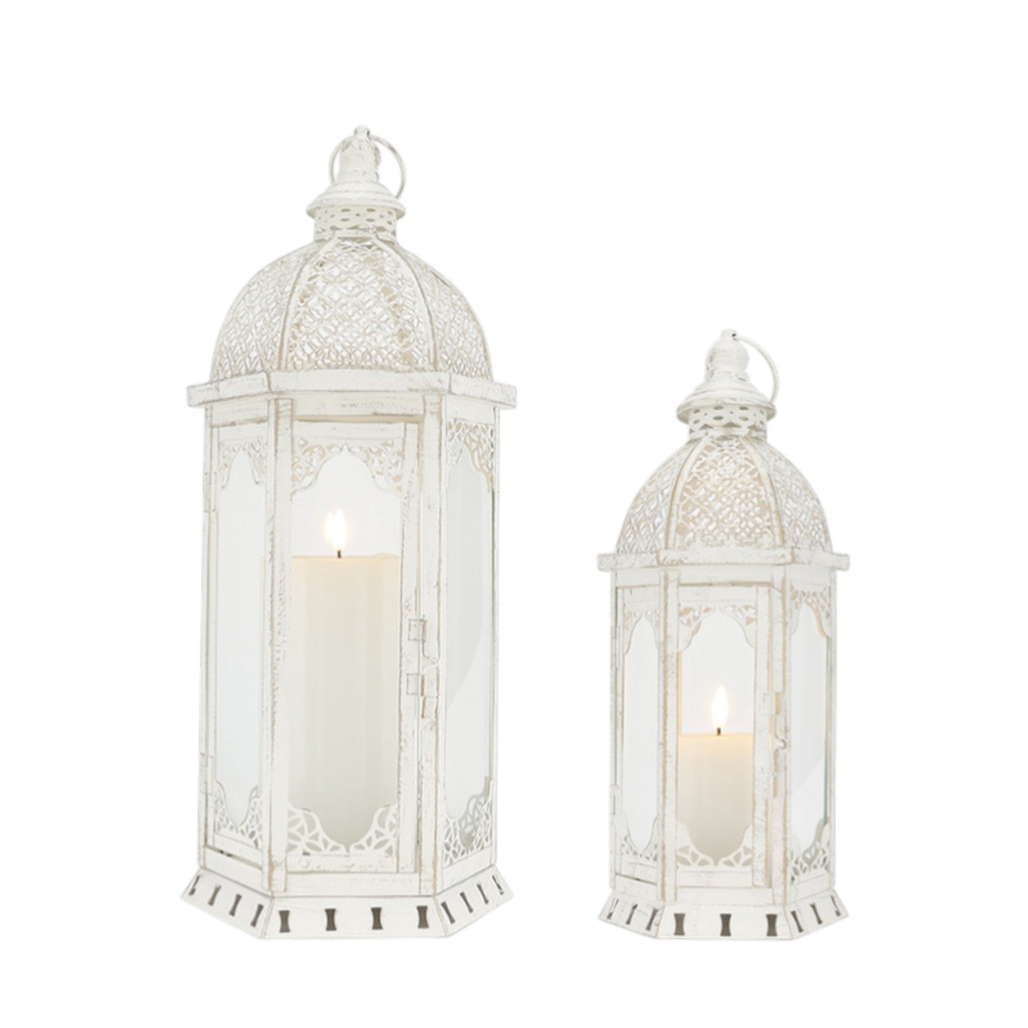Set of Two White Distressed Ornate Metal Tabletop Lantern Candle Holders