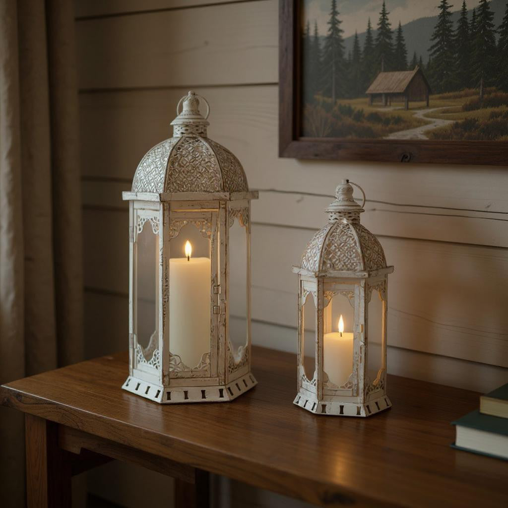 Set of Two White Distressed Ornate Metal Tabletop Lantern Candle Holders