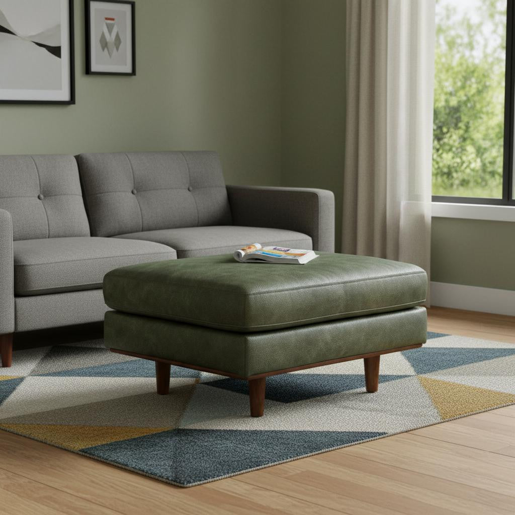 33" Green and Brown Leather Cocktail Ottoman