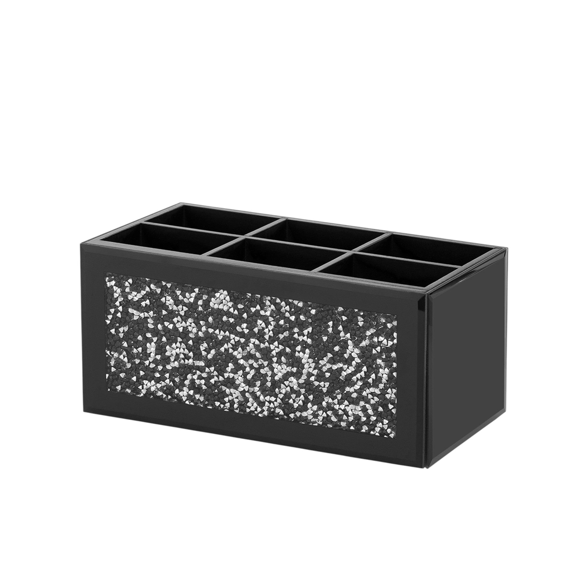 8" Black And Silver Glass Six Section Accessory Box With Faux Crystals