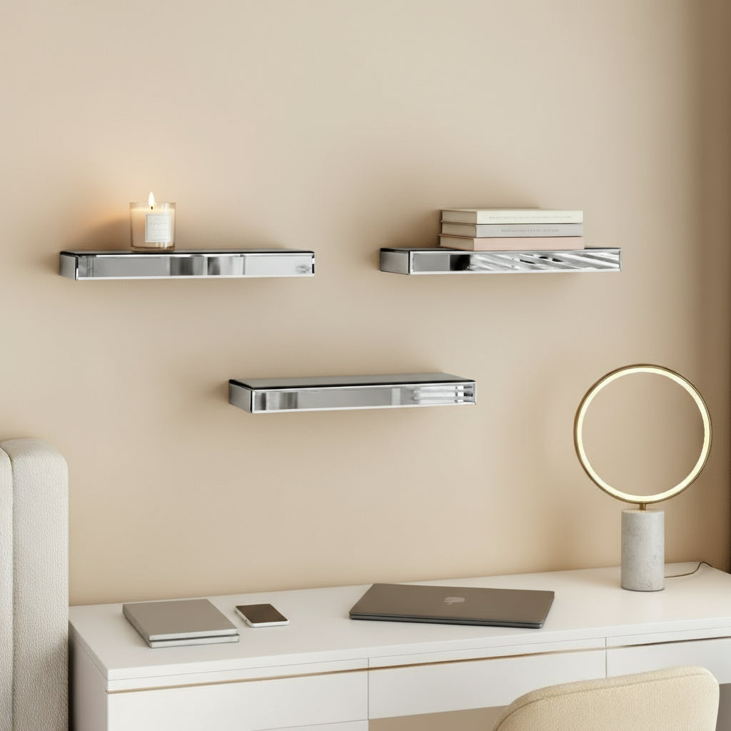 Set Of Three Silver Glass Wall Mounted Floating Shelf