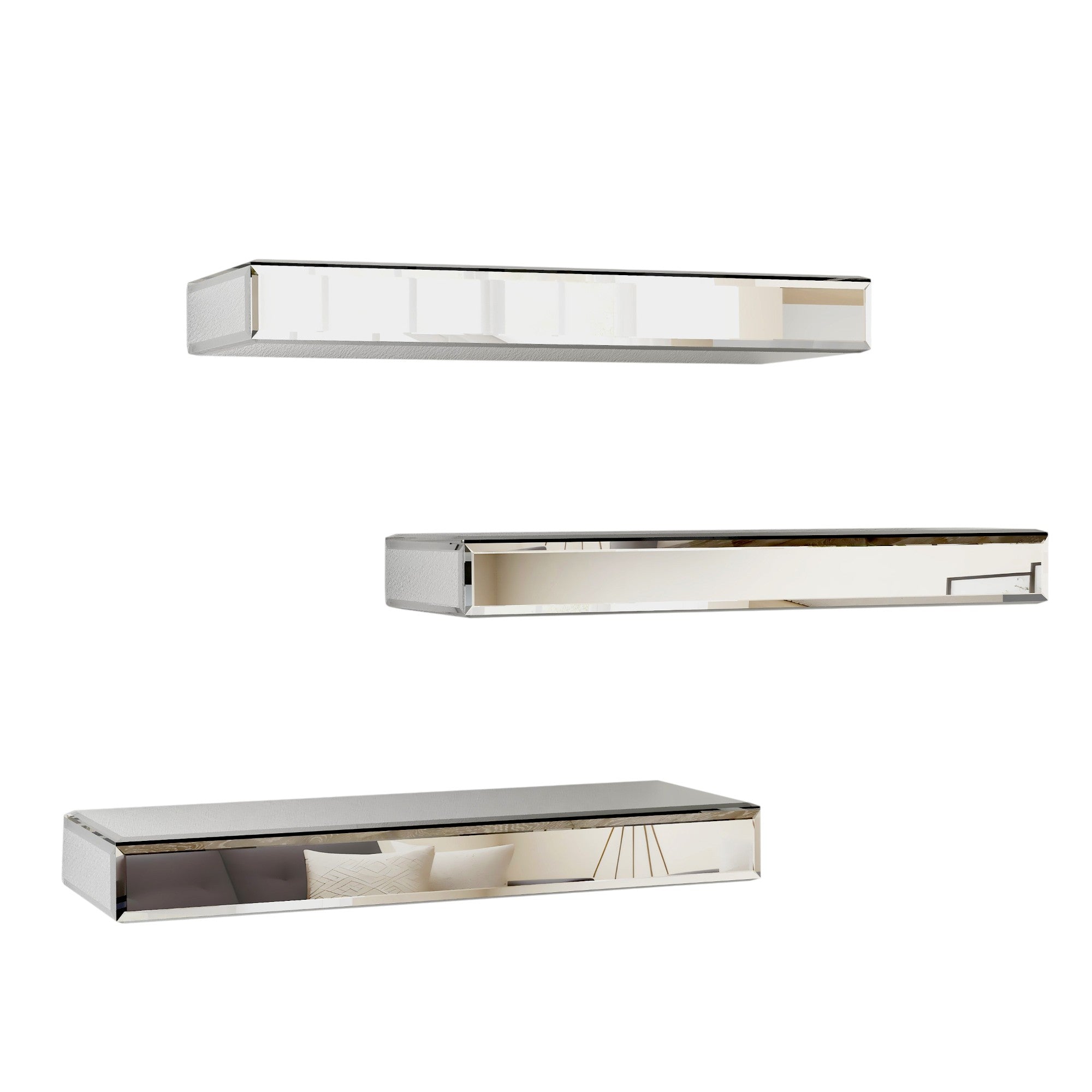Set Of Three Silver Glass Wall Mounted Floating Shelf