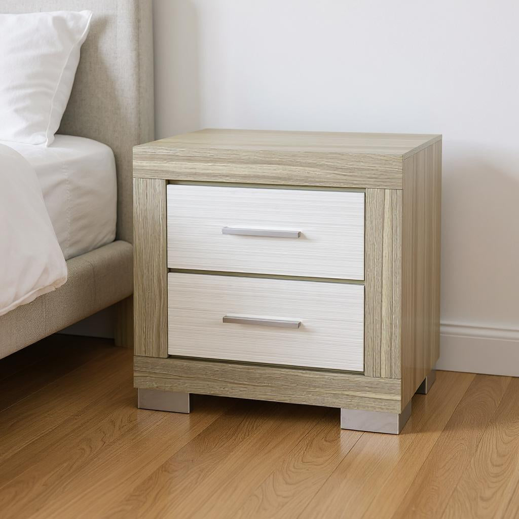 23" Natural And White Wood Square Two Drawer Nightstand