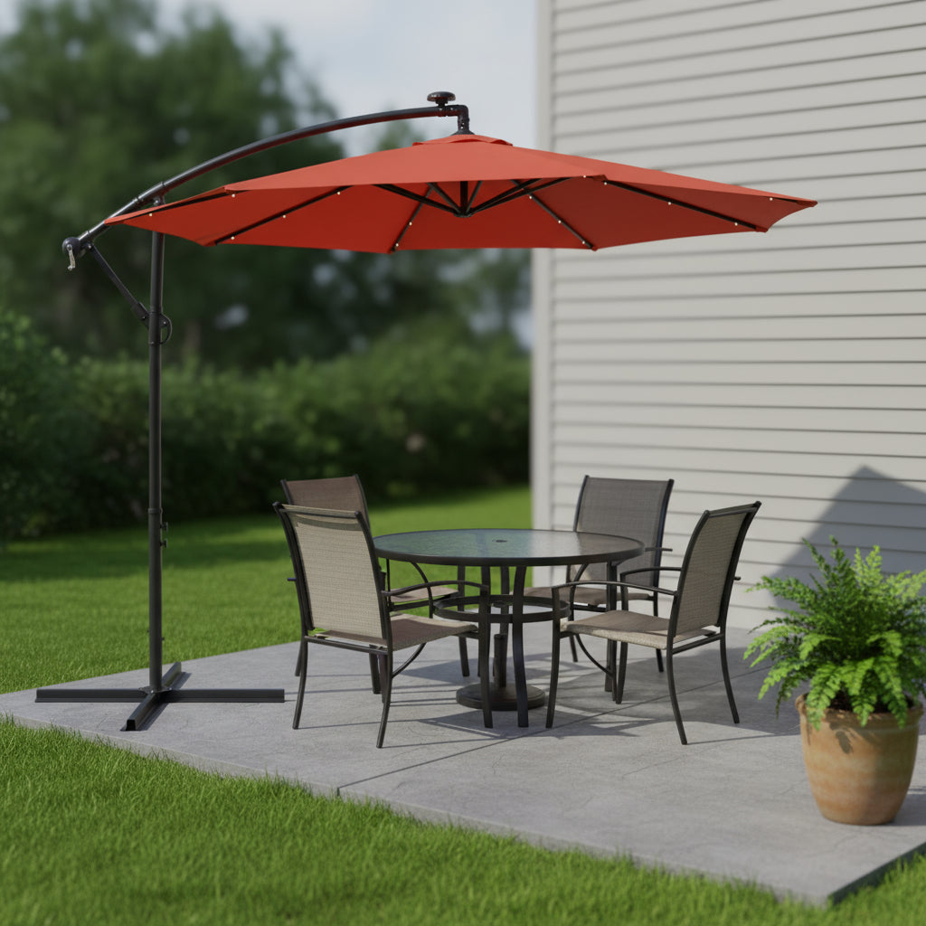95" Dark Orange Polyester Octagonal Tilt Lighted Market Patio Umbrella with Stand