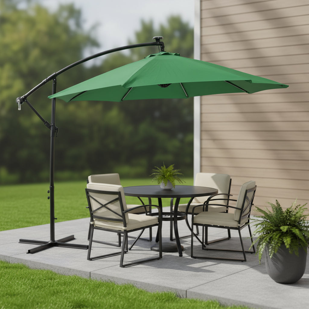 95" Green Polyester Octagonal Tilt Lighted Market Patio Umbrella with Stand