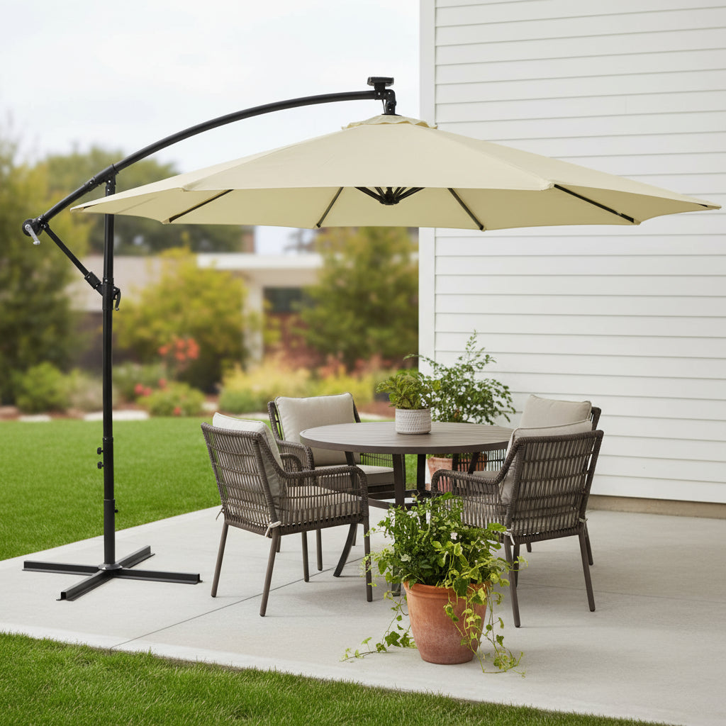 95" Cream Polyester Octagonal Tilt Lighted Market Patio Umbrella with Stand