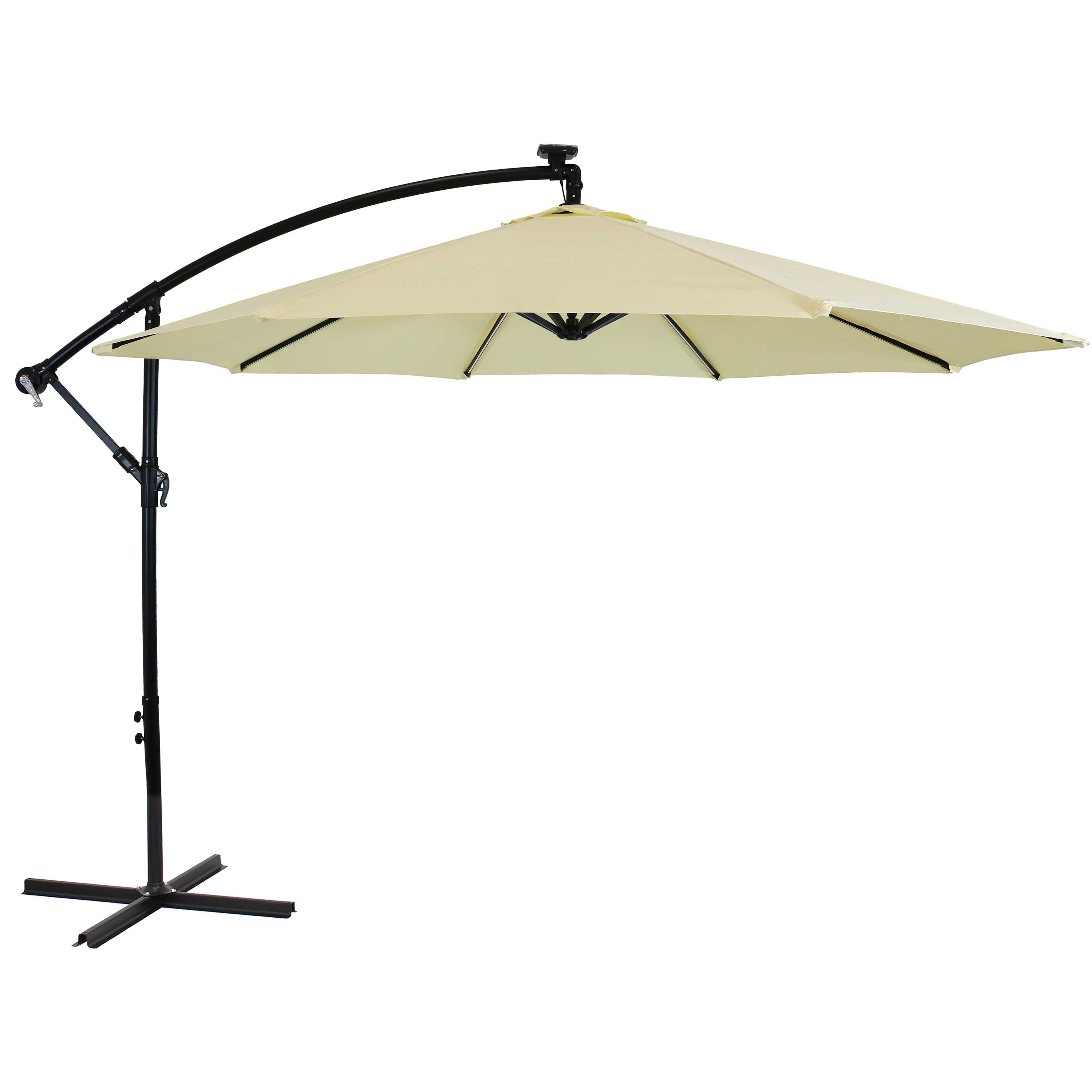 95" Cream Polyester Octagonal Tilt Lighted Market Patio Umbrella with Stand