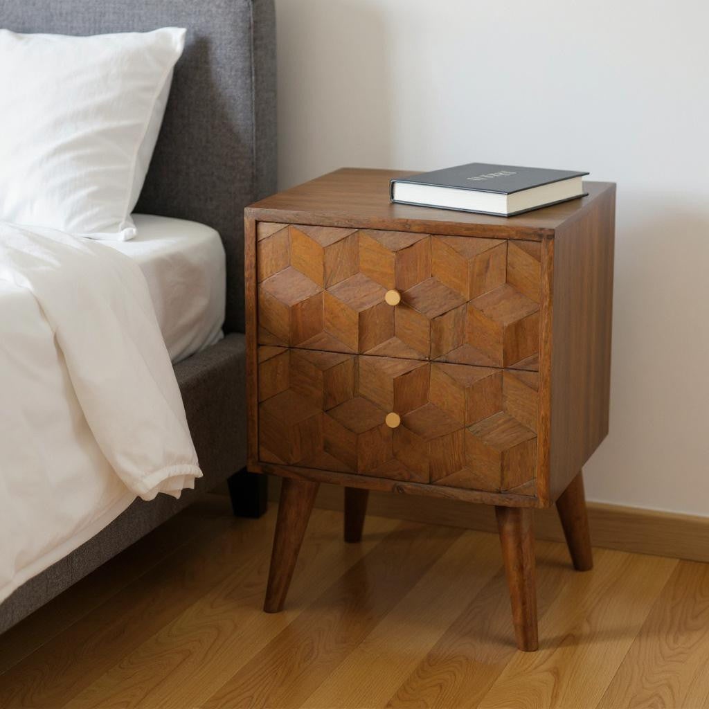 22" Chestnut Solid Wood Carved Geometric Two Drawer Nightstand