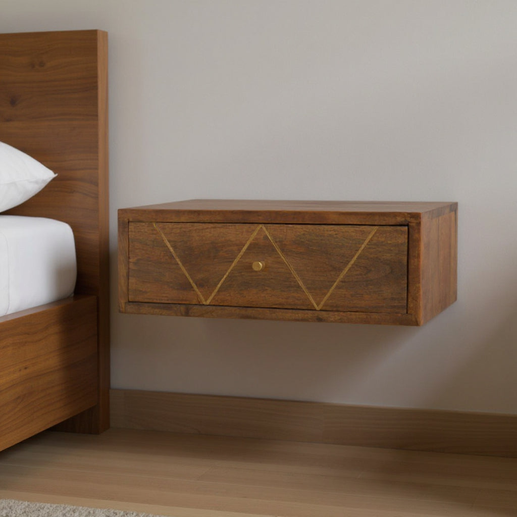 18" Brown Solid Wood Geometric Brass Inlay One Drawer Floating Nightstand