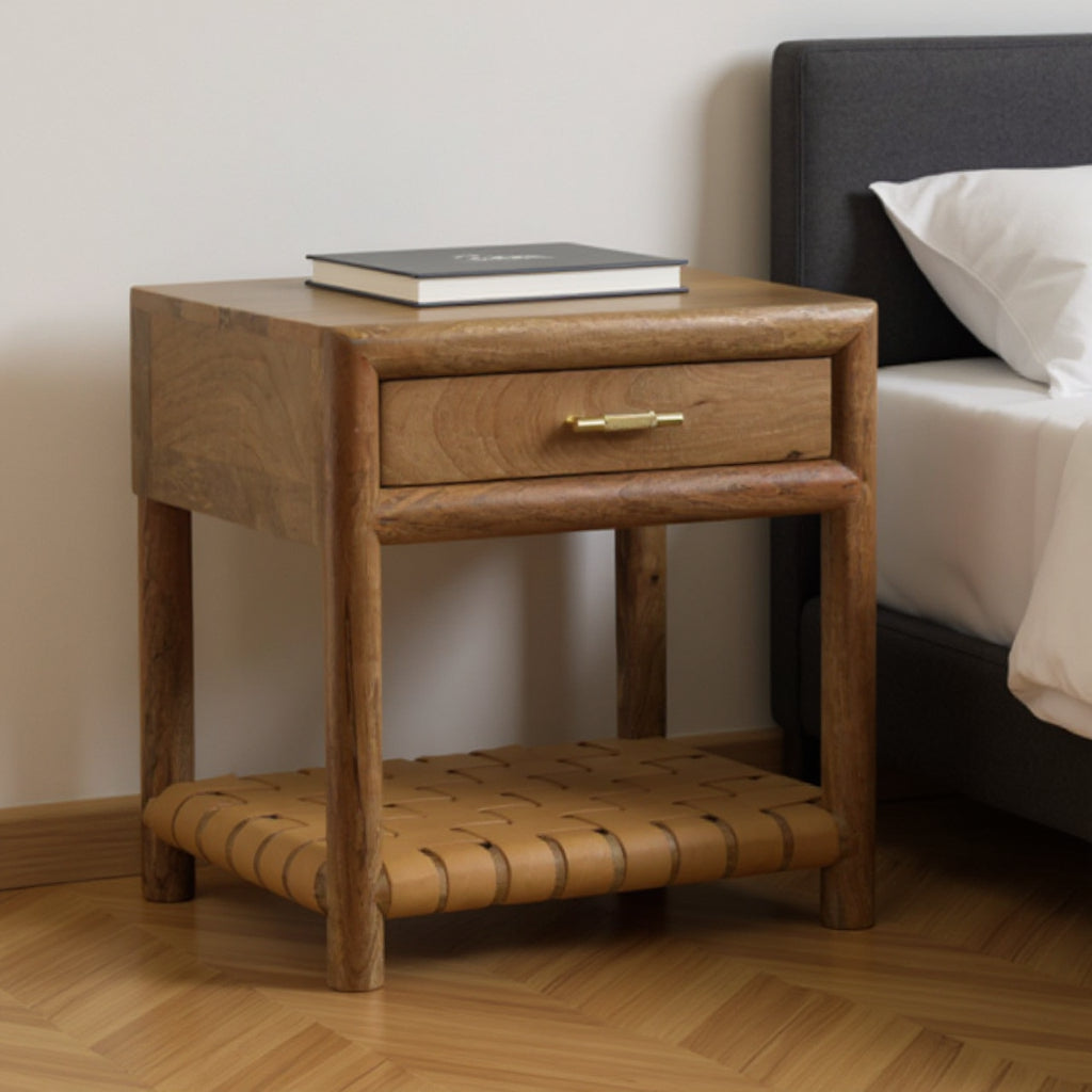 20" Light Brown Solid Wood One Drawer Nightstand With Leather Shelf