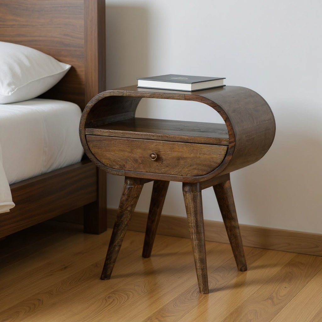 21" Light Brown Solid Wood Round One Drawer Nightstand