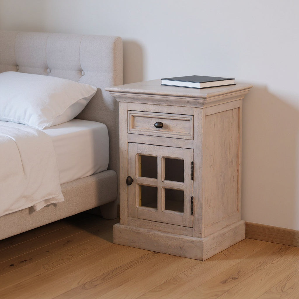 24" Gray Solid Wood And Glass Distressed Two Drawer Nightstand