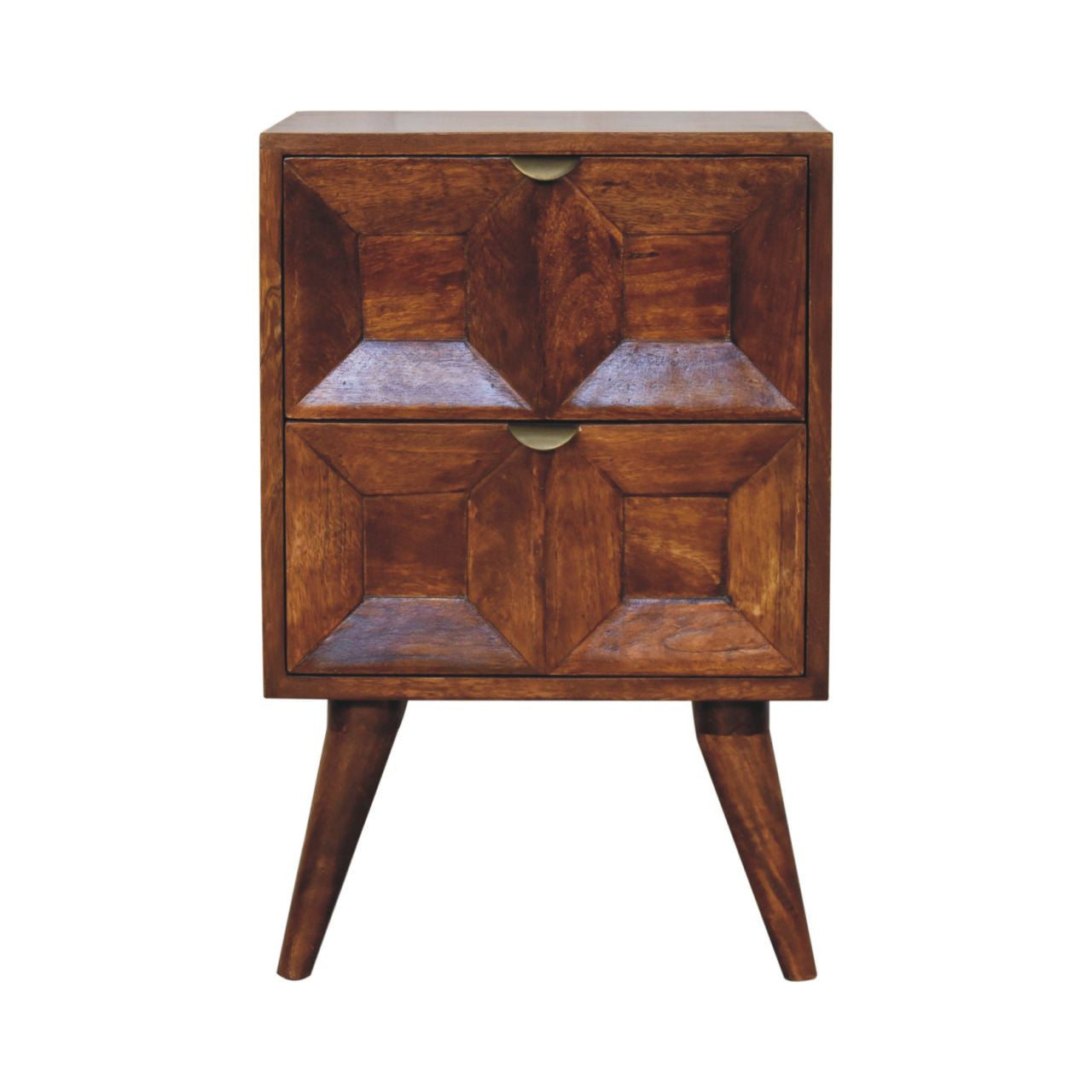 24" Chestnut Solid Wood Square Carved Geometric Two Drawer Nightstand