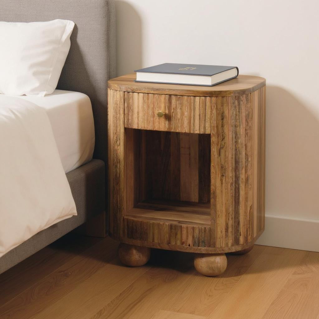 23" Natural Solid Wood Oval Ribbed Texture One Drawer Nightstand