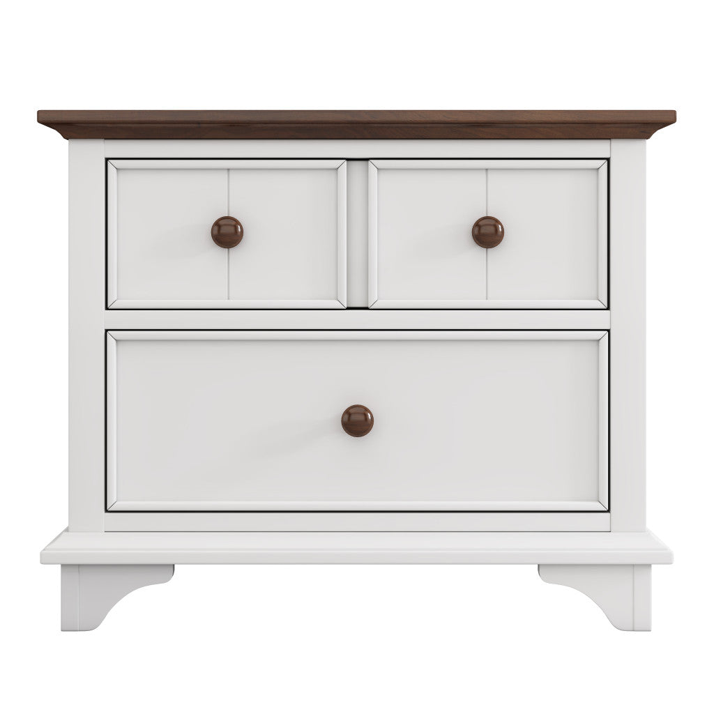 28" White And Walnut Brown Wood Two Drawer Nightstand