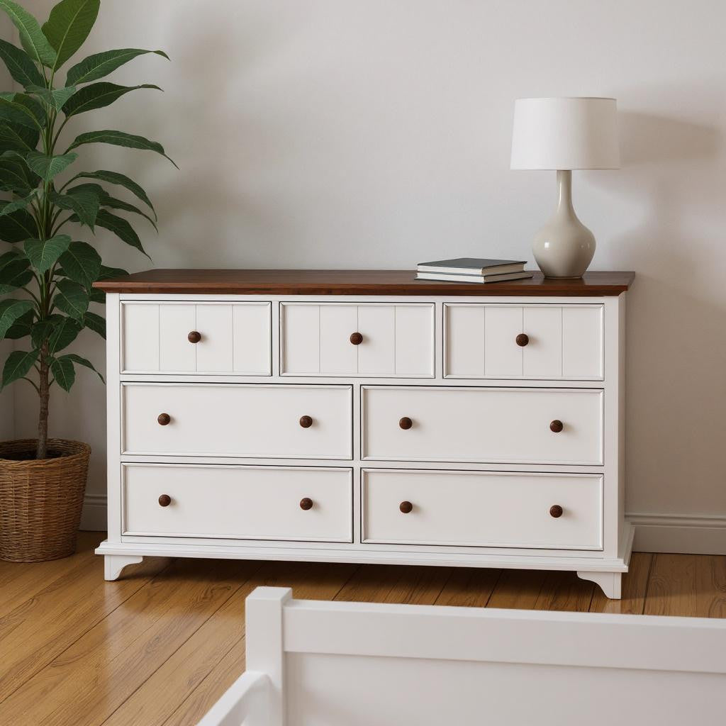 61" White And Walnut Wood Seven Drawer Captains Dresser