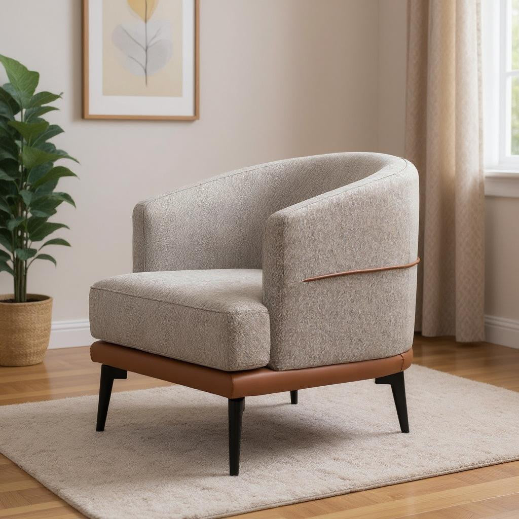 29" Beige Terra Cotta and Black Linen Upholstered Wood Barrel Chair