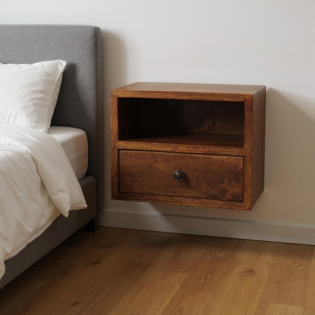 12" Chestnut Solid Wood Square One Drawer Floating Nightstand