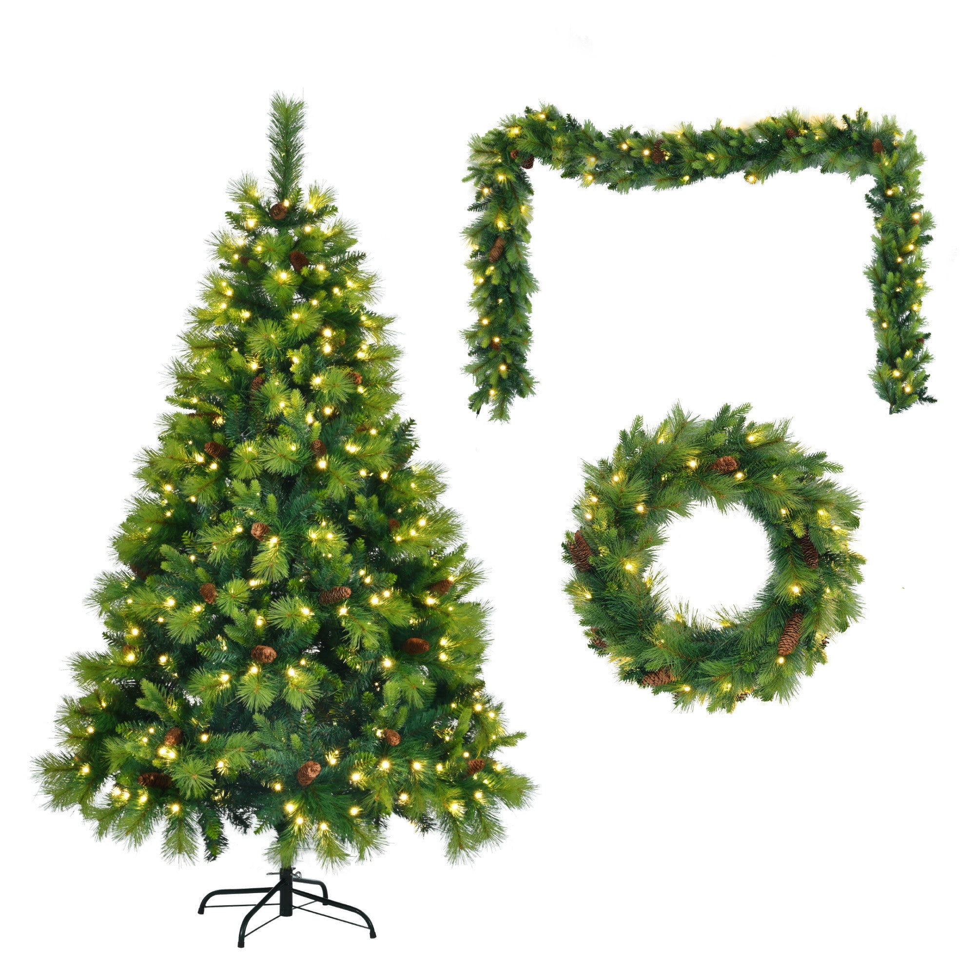 6' Pre Lit Extra Full Pine Christmas Tree With Garland And Wreath Set