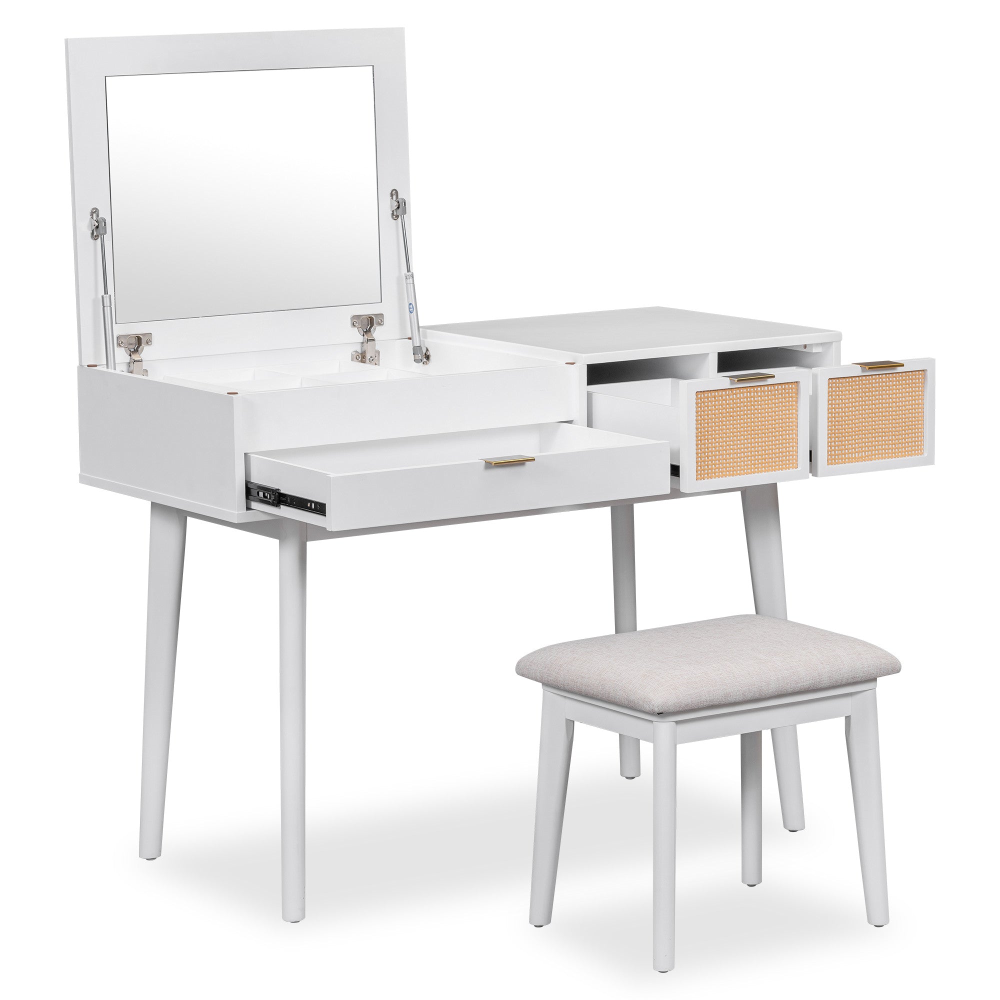 48" White Wood Mirrored Three Drawer Vanity Table And Lights
