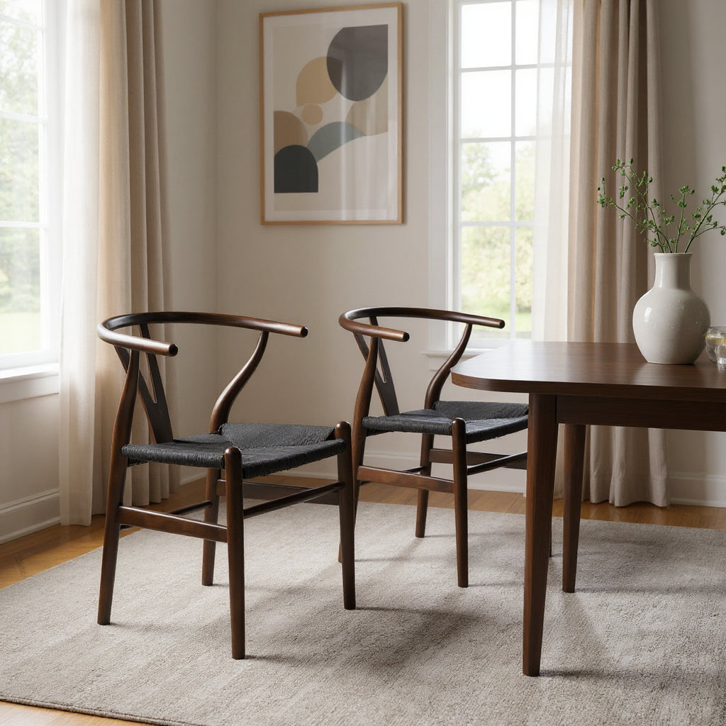 Set of Two Black and Walnut Solid Wood and Rush Wishbone Back Dining Arm Chairs