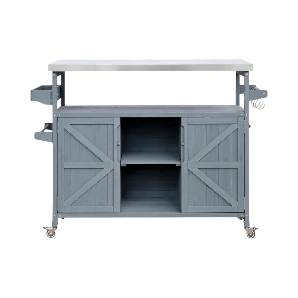 50" Light Blue Wood Barn Door Rolling Kitchen Island With Storage