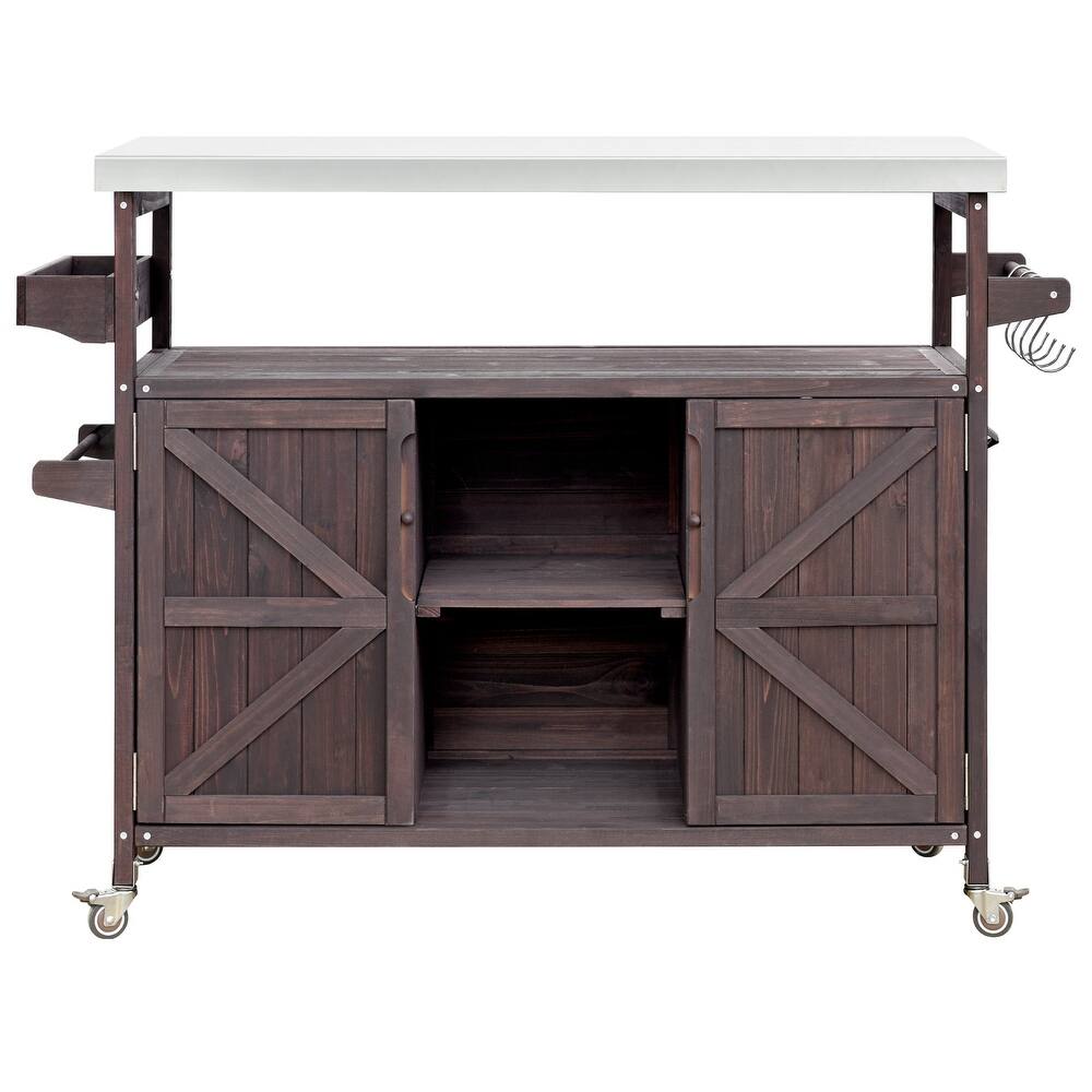 50" Brown Wood Barn Door Rolling Kitchen Island With Storage