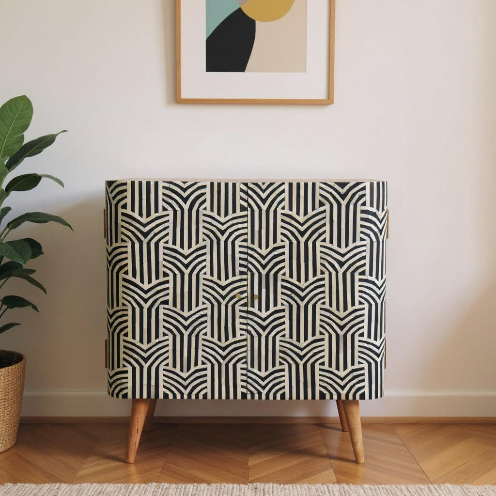 32" Dark Brown Black and White Solid Wood And Inlaid Bone Textured Accent Cabinet With Two Doors