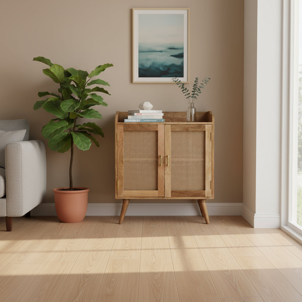 35" Brown Distressed Solid Wood Inlaid Rattan Accent Cabinet With Two Doors