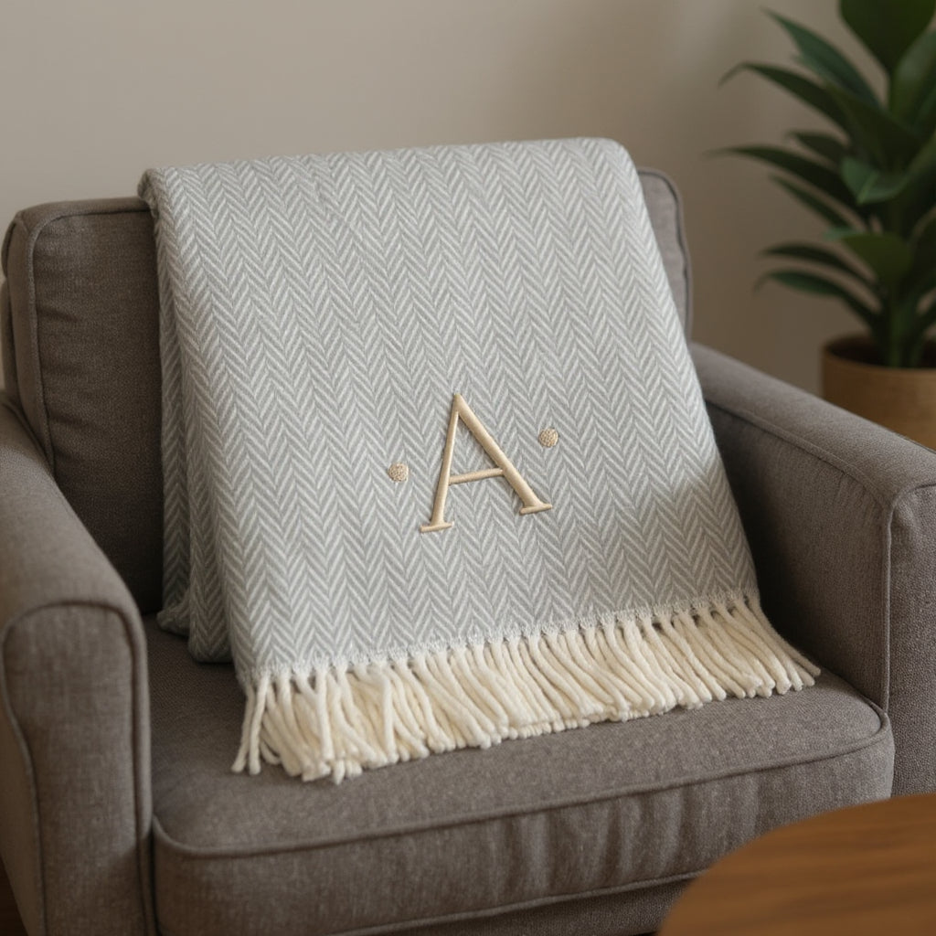 55" X 70" Gray And White Herringbone Cotton Blend A Initial Throw Blanket with Tassels And Embroidery