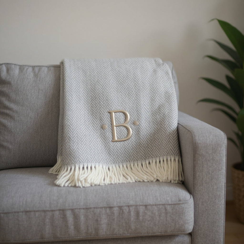 55" X 70" Gray And White Herringbone Cotton Blend B Initial Throw Blanket with Tassels And Embroidery