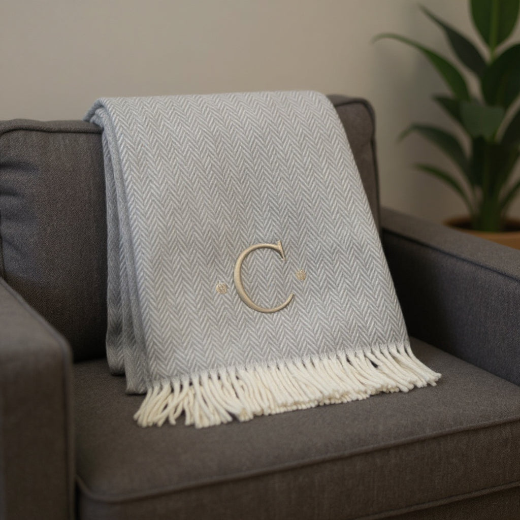 55" X 70" Gray And White Herringbone Cotton Blend C Initial Throw Blanket with Tassels And Embroidery