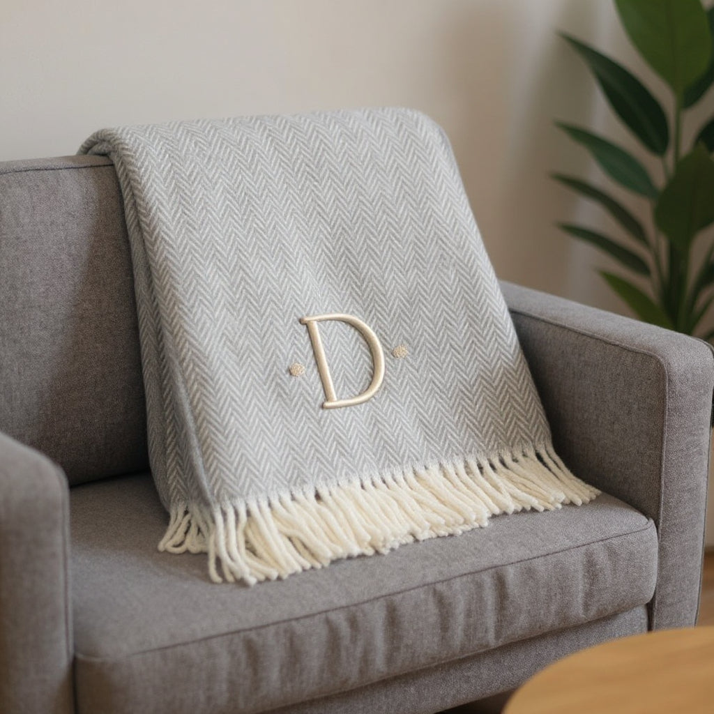 55" X 70" Gray And White Herringbone Cotton Blend D Initial Throw Blanket with Tassels And Embroidery