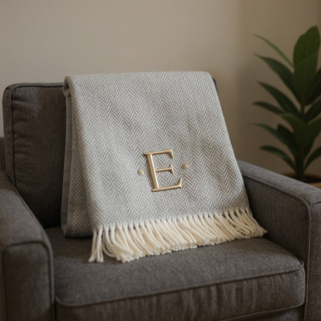 55" X 70" Gray And White Herringbone Cotton Blend E Initial Throw Blanket with Tassels And Embroidery