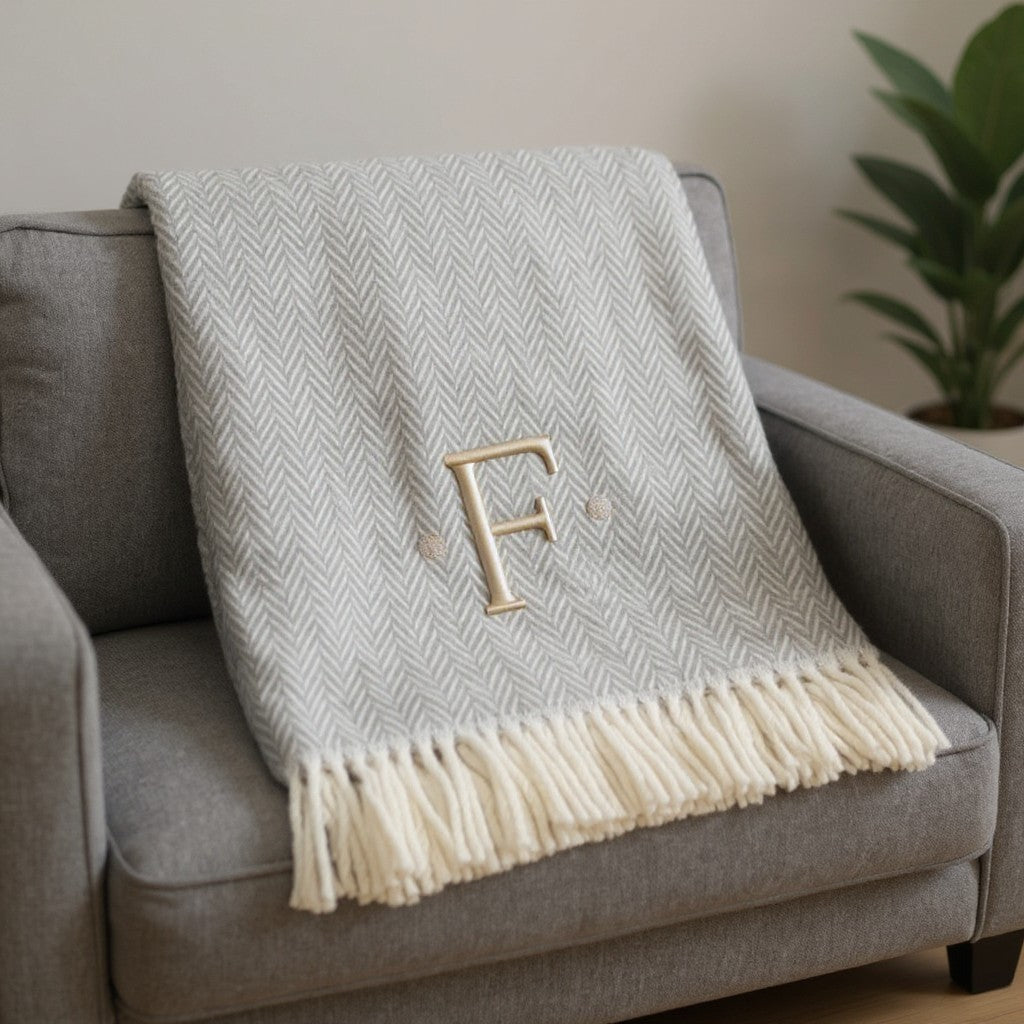 55" X 70" Gray And White Herringbone Cotton Blend F Initial Throw Blanket with Tassels And Embroidery